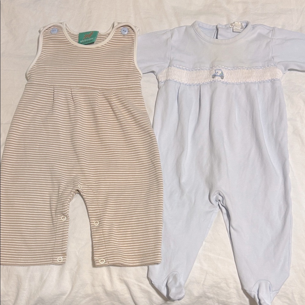 2 baby boy outfits - tan/white striped longalls & Light Blue golf cart Footies